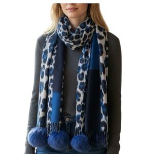 OOLALA  Blue Black White Leopard Print Scarf with Blue Pom Poms One Size